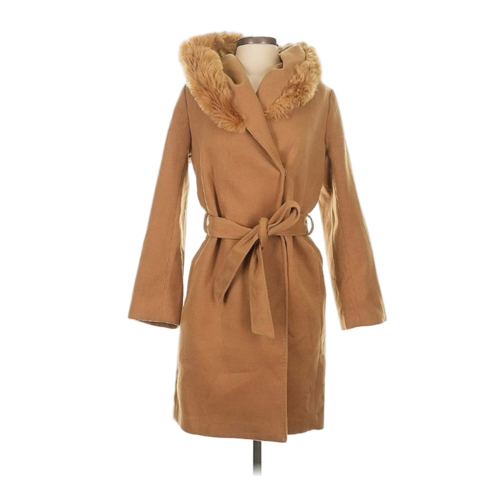 H&M Tan Belted Coat with Faux Fur Hood - Picture 3 of 7
